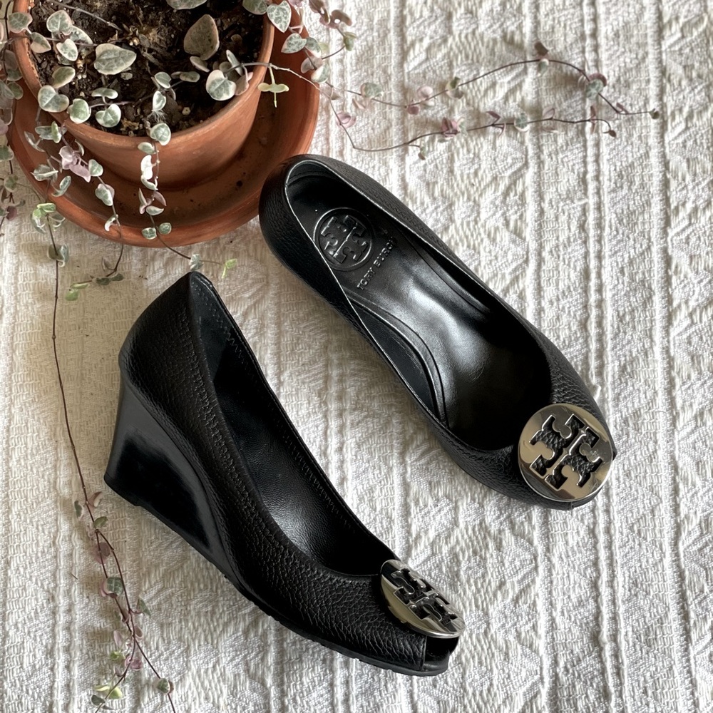 Tory Burch Black Leather Sally Peep Toe Wedges